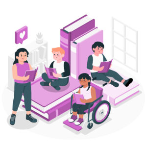 Ilustração de crianças, incluindo uma em cadeira de rodas, lendo juntas em uma sala de aula inclusiva, simbolizando a acessibilidade e inclusão escolar.