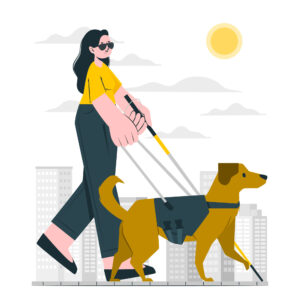 Ilustração de uma mulher com deficiência visual sendo guiada por um cão-guia em uma cidade, destacando a necessidade de acessibilidade e inclusão urbana.