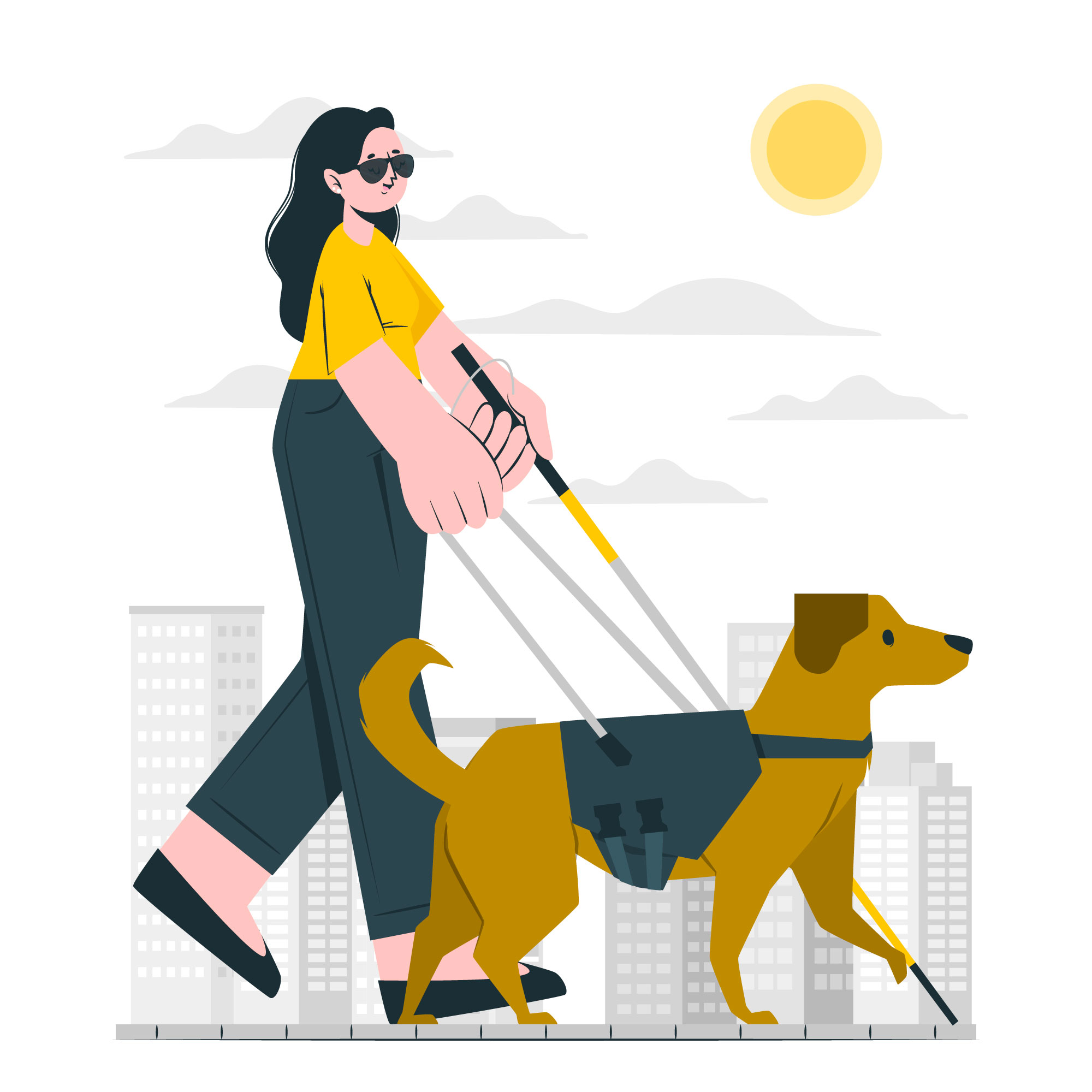 Ilustração de uma mulher com deficiência visual sendo guiada por um cão-guia em uma cidade, destacando a necessidade de acessibilidade e inclusão urbana.