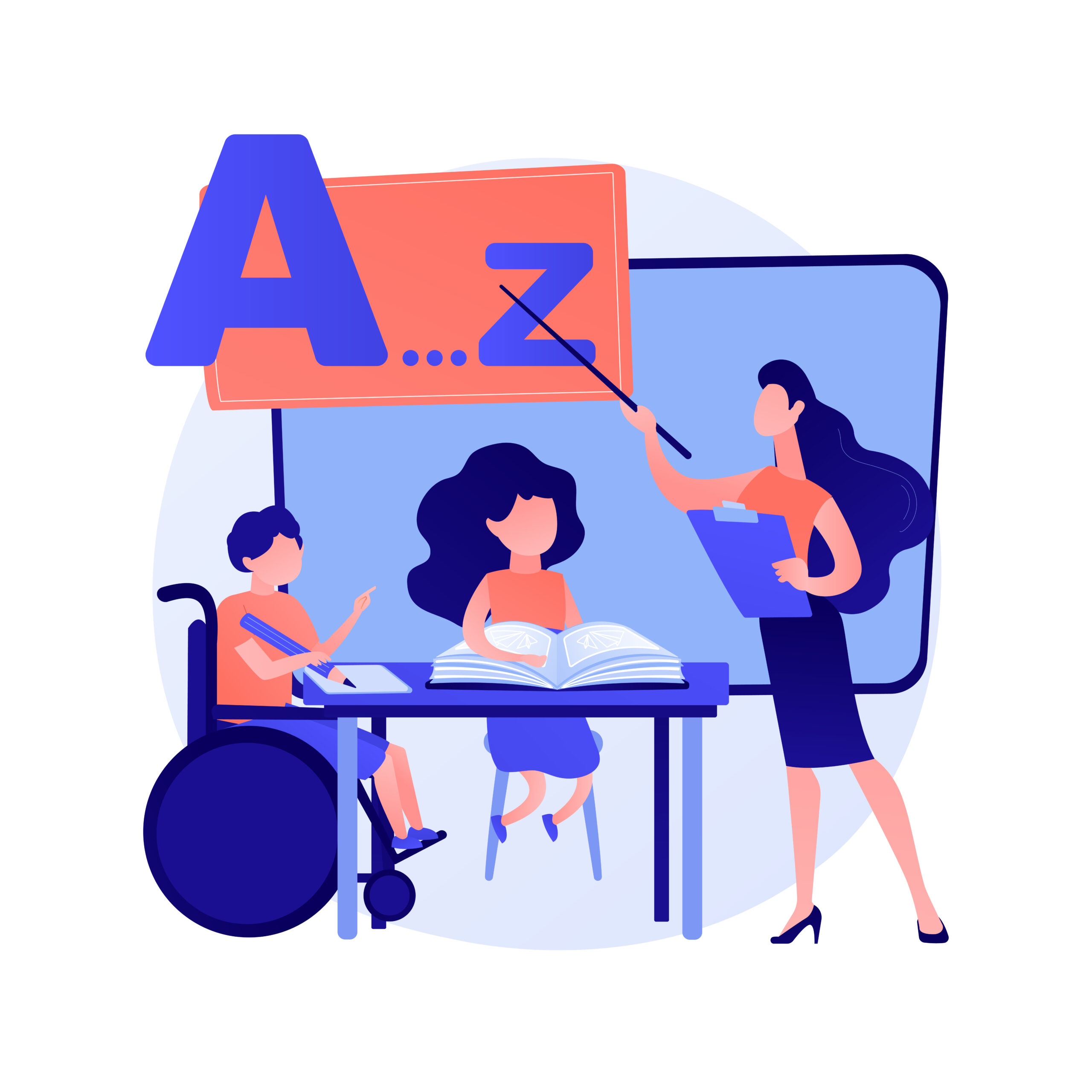 Sala de aula inclusiva com alunos de diferentes habilidades utilizando mesas adaptadas e tecnologias assistivas para promover a acessibilidade e a inclusão escolar.